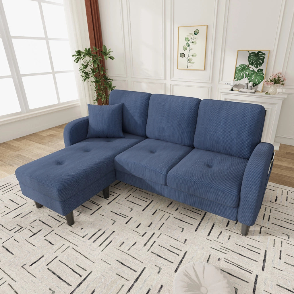 Divano angolare modulare 166x118x77 cm con chaise longue reversibile; in cord; blu