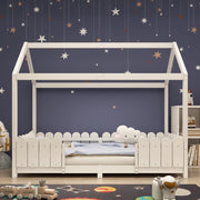 Letto Casa per Bambini 90x200 ¨C MINIMAL ¨C Legno Bianco con Rete a Doghe e Sponda