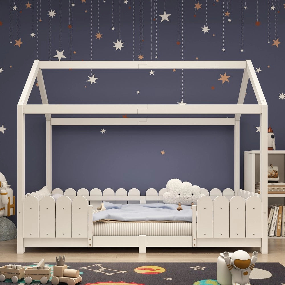 Letto Casa per Bambini 90x200 ¨C MINIMAL ¨C Legno Bianco con Rete a Doghe e Sponda