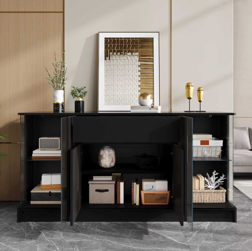 Credenza moderna con 2 vetrine in vetro; LED con app; 150x40x75 cm; nero