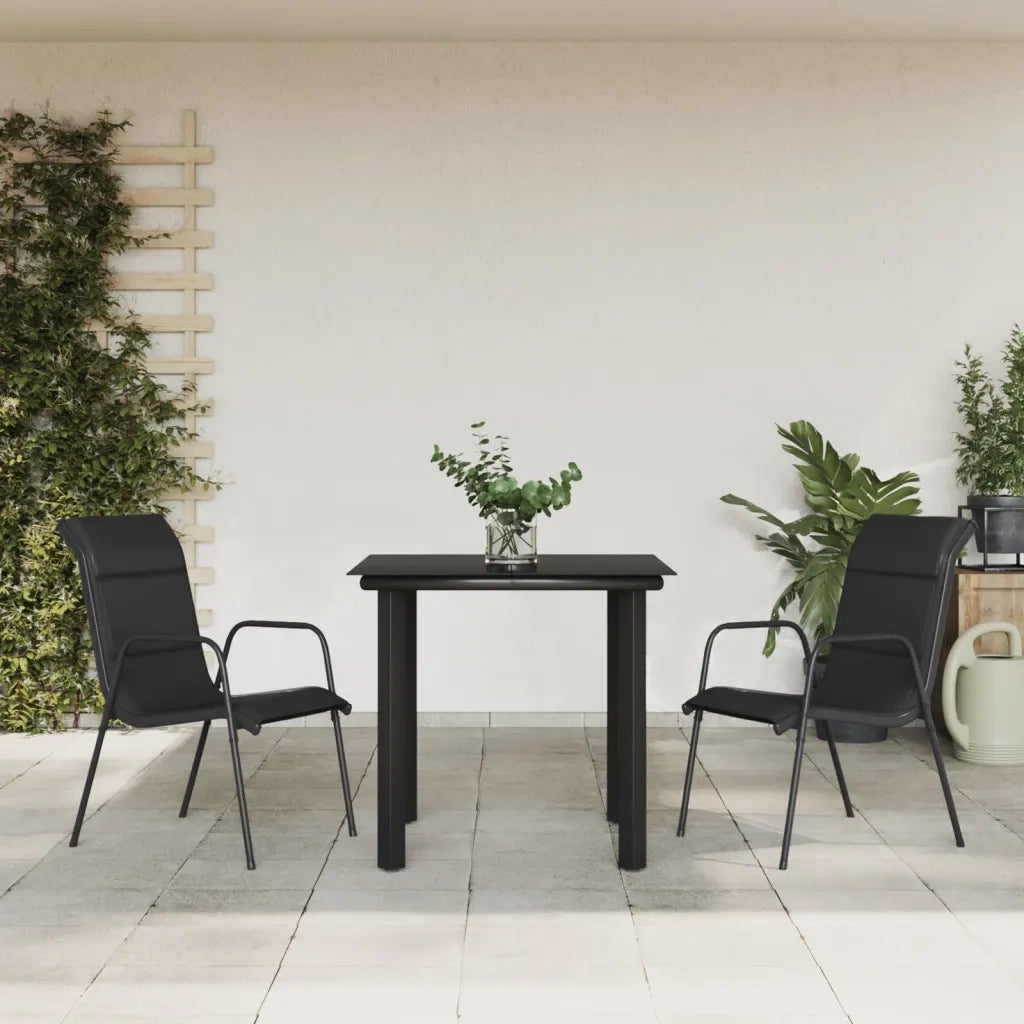 Set da Pranzo da Giardino 3 pz Nero in Acciaio e Textilene