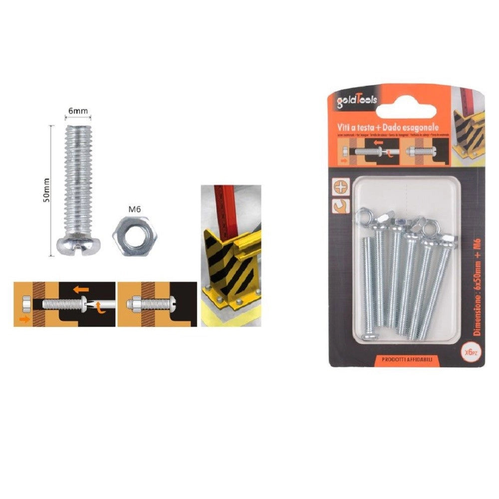 Trade Shop - Set 6 Pz Viti Vite Testa A Croce Tonda 6 X 50mm Con Dadi Dado Esagonale M6 90980 -