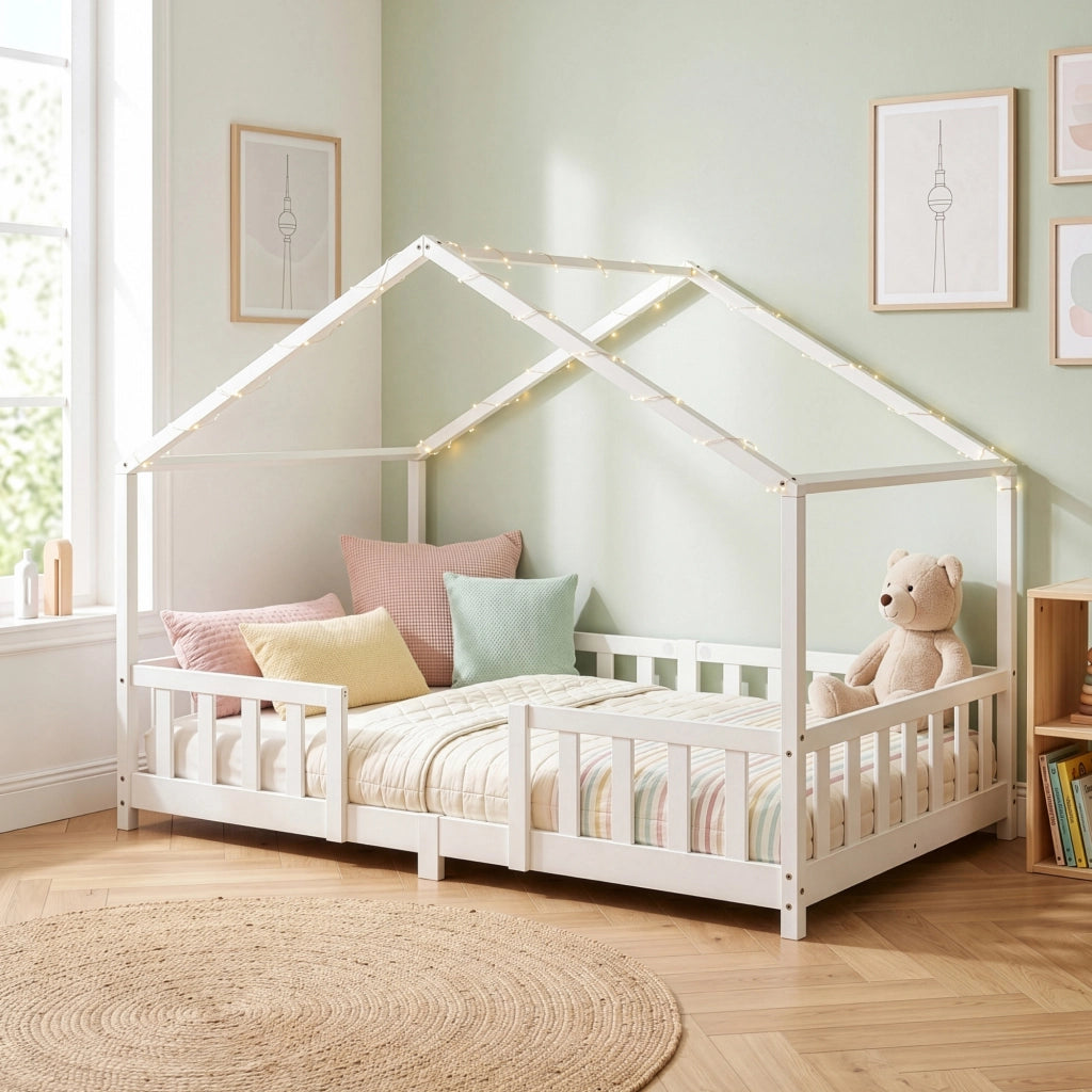 Letto per Cameretta Treviolo a Forma di Casetta in Stile Montessori 120x200 cm Bianco [en.casa]