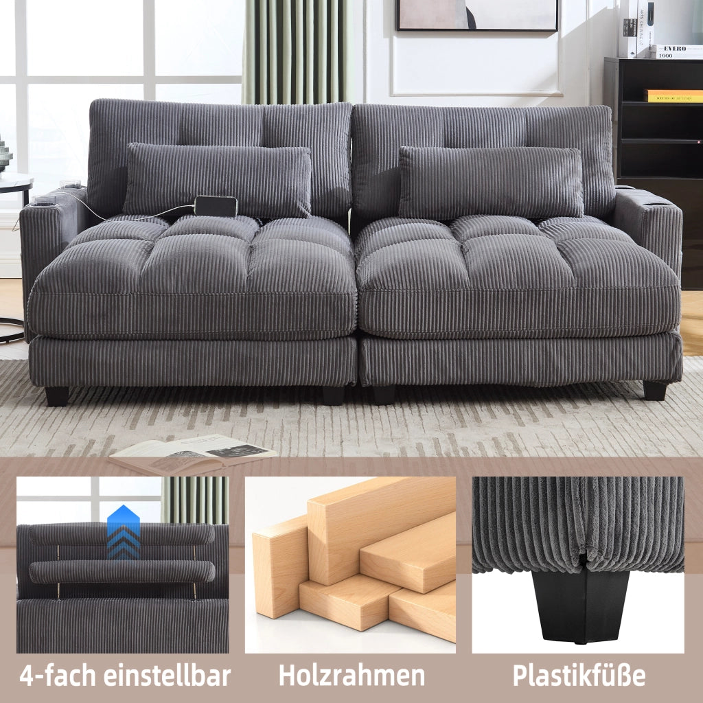 DIVANO 2 posti modulare 224x140x81 cm in corduroy grigio, divisibile in 2 poltrone