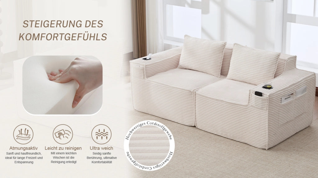 Divano modulare a 2 posti in corduroy beige con portabicchieri, tasche laterali e imbottitura in molle e schiuma