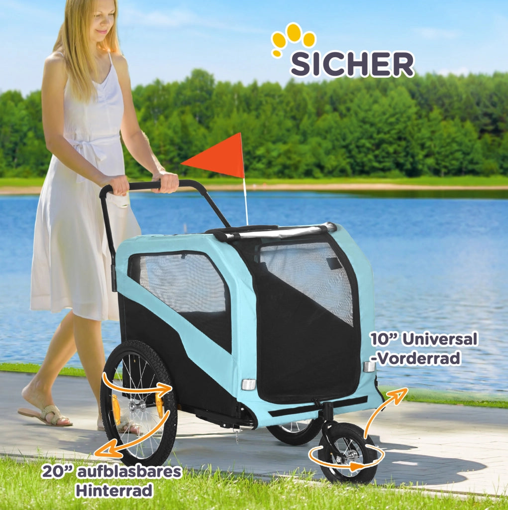 Rimorchio per bici per cani 2 in 1 170x77x90 cm acciaio blu， passeggino e sicurezza