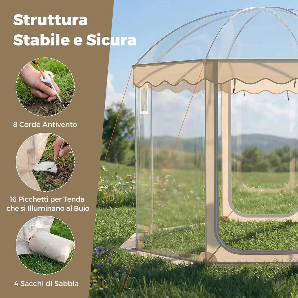 Tenda a Bolla Trasparente, Vista Panoramica a 540°, Tenda Sportiva Pop-up con 8 Corde Antivento, 16 Picchetti, 4 Sacchi di Sabbia e Borsa per Eventi Sportivi, Pesca e Campeggio