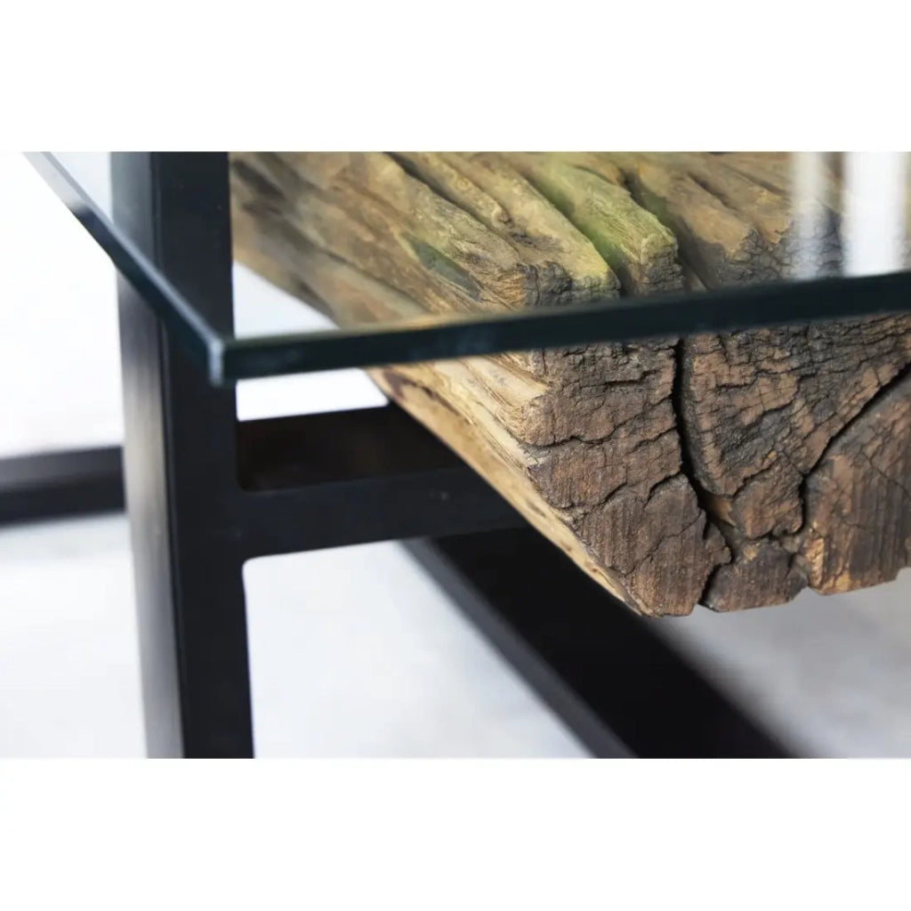 Tavolino basso RAFTA 130 cm in teak riciclato con vetro temperato – Gambe in metallo nero a U