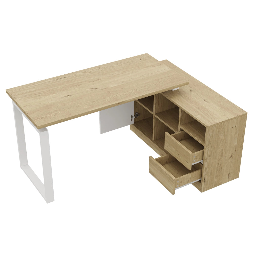 Scrivania angolare 152 x 113.5 x 76 cm, scrivania a L, 2 cassetti, ripiani regolabili, colore legno naturale e bianco