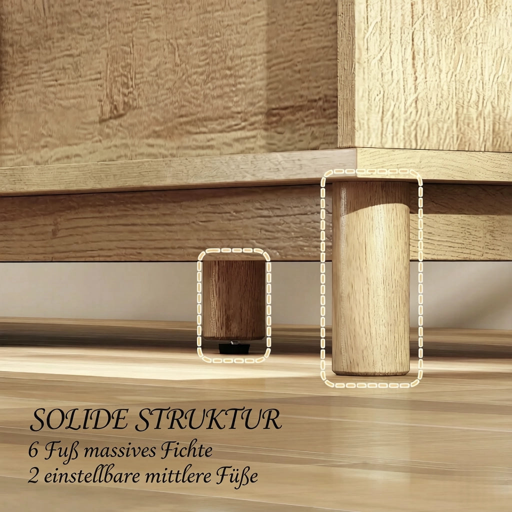 Mobile porta TV con vani aperti e ante laterali in truciolato rattan e pino per soggiorno rovere 135 × 39 × 45 cm