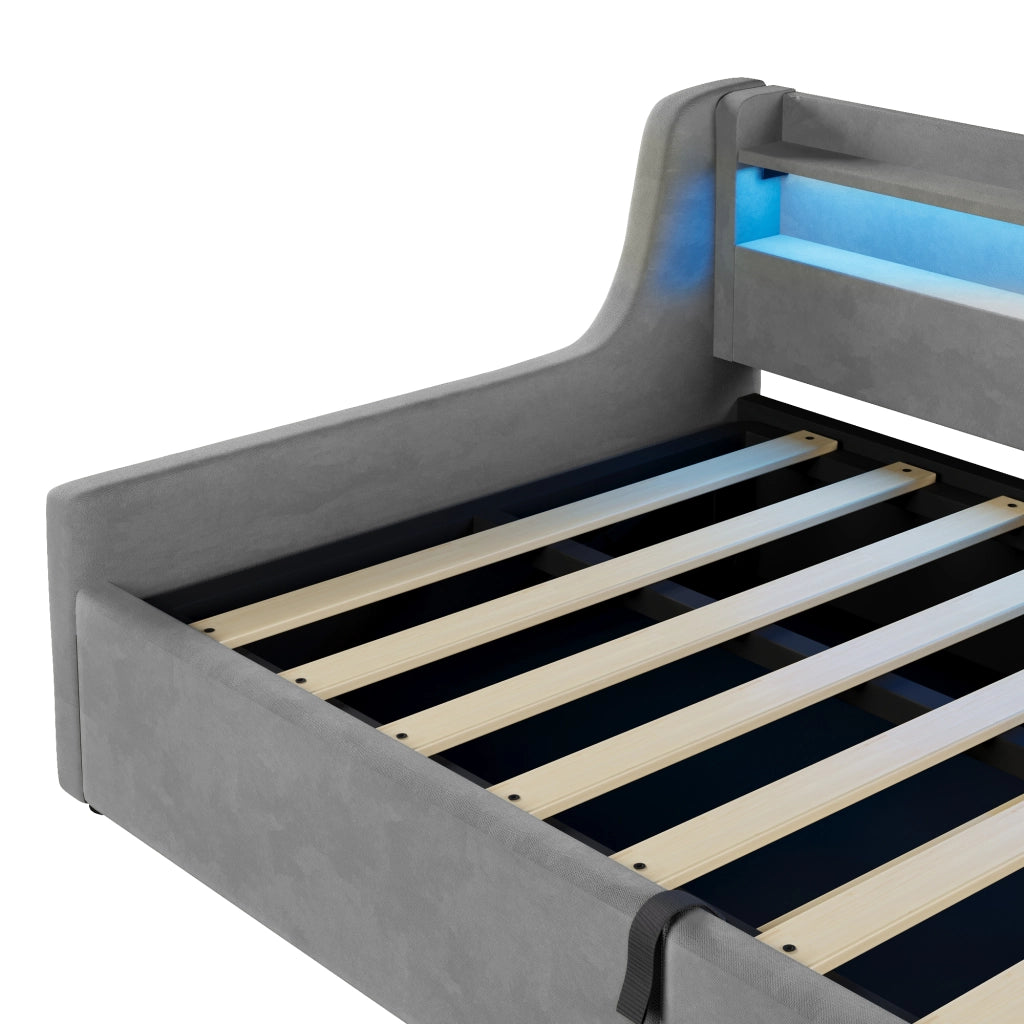 Letto Singolo 90x200 cm con Contenitore; LED; in Flanella; Grigio