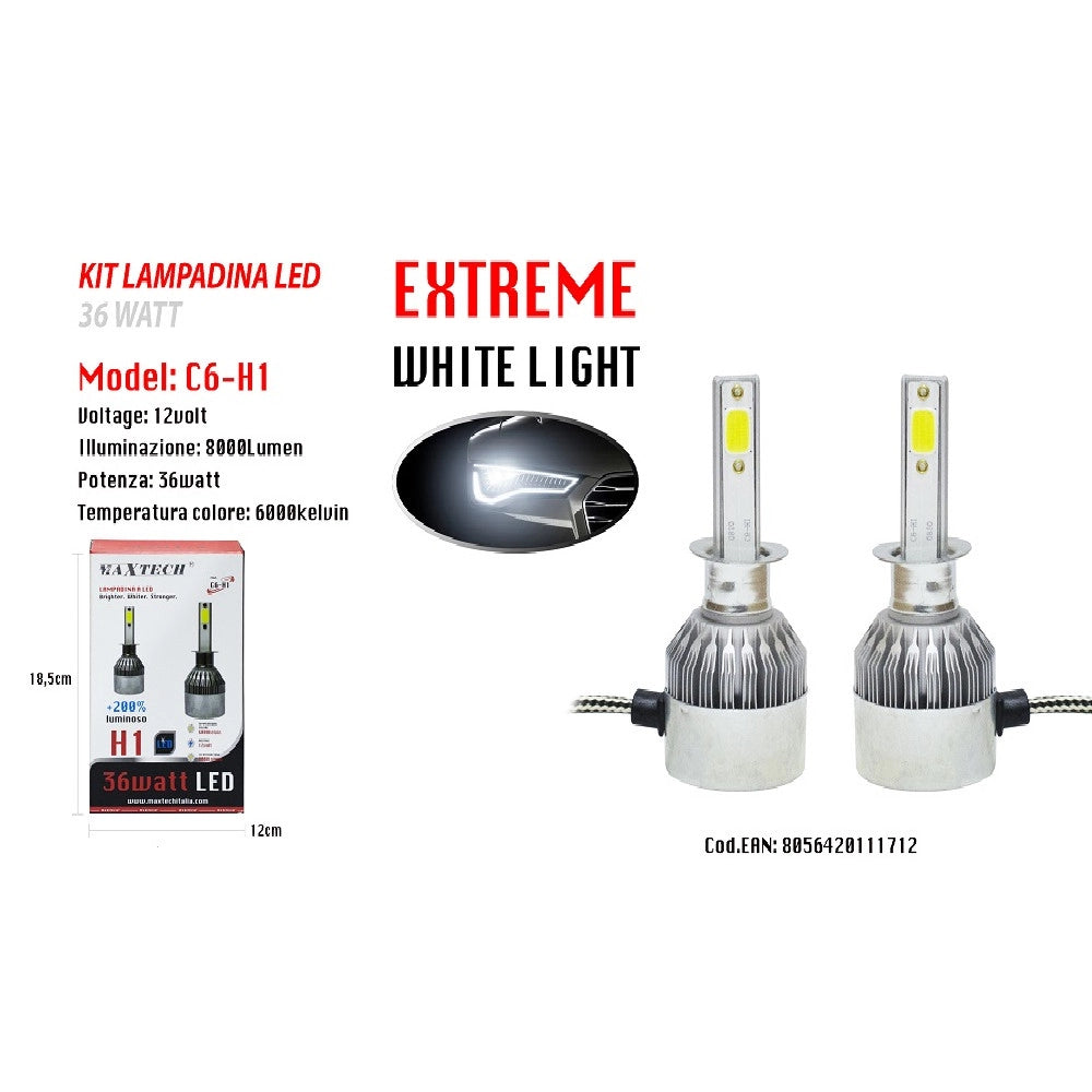 Trade Shop - Led Auto E Moto Lampade Fari Maxtech H1 C6 Kit Lampadine 36w Luce Bianca 6000k -