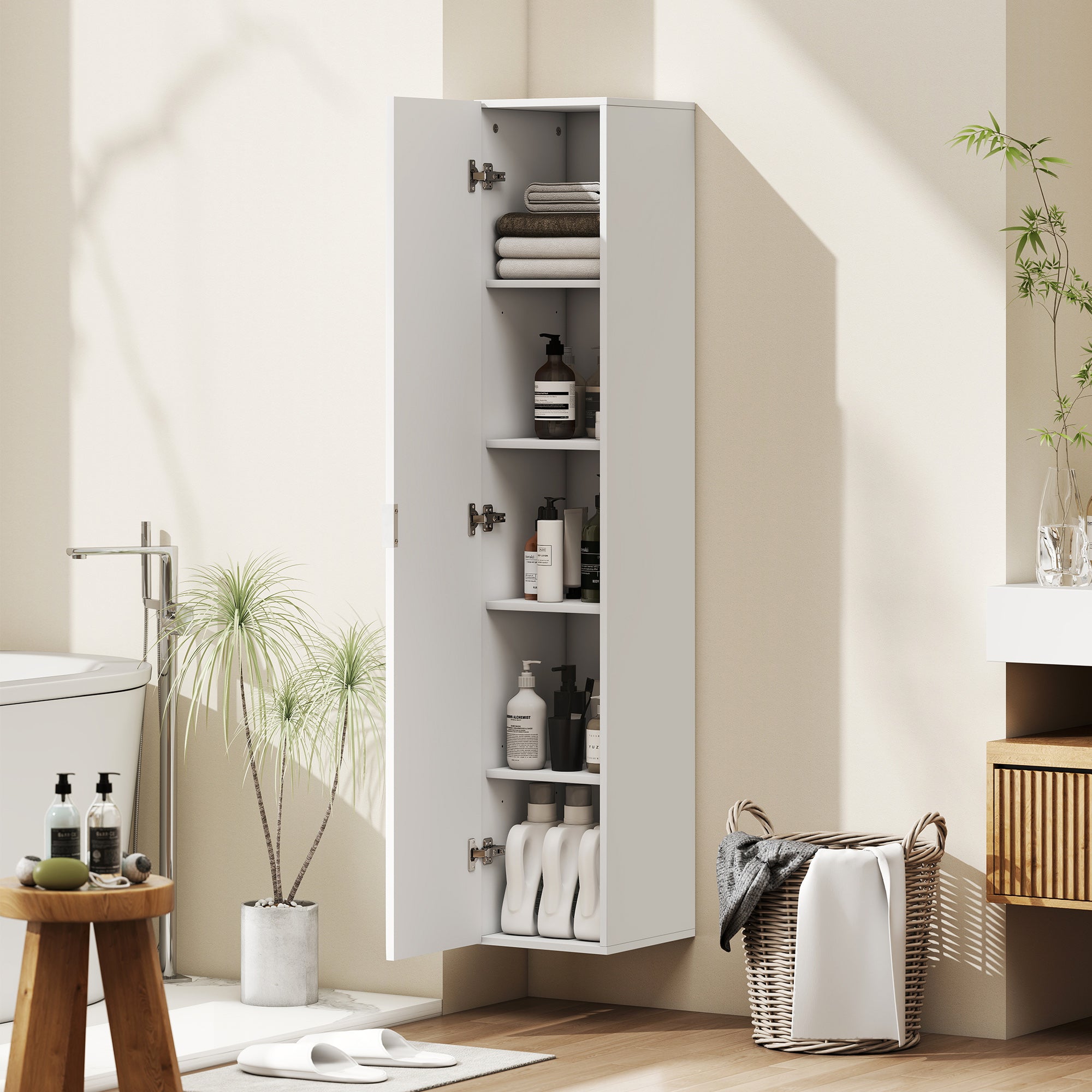 Mobile Bagno Sospeso a Colonna 30x31.5x160 cm con Ripiani Regolabili e Chiusura Soft Close in MDF Bianco