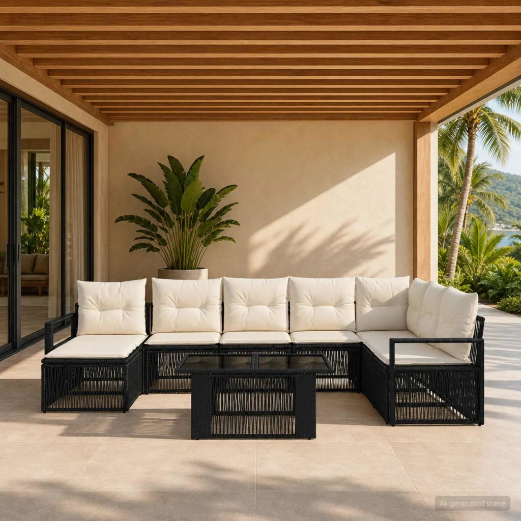 Set Divano da Giardino 9 pz Nero e Bianco Crema polyrattan 3437140