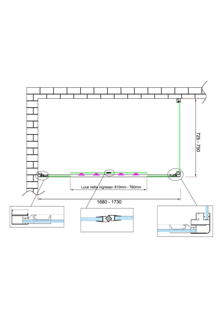 Box doccia 6 mm H 190 parete fissa e porta a 4 ante con apertura centrale MISURA 72,5-75 ANTA FISSA + PORTA 168-173