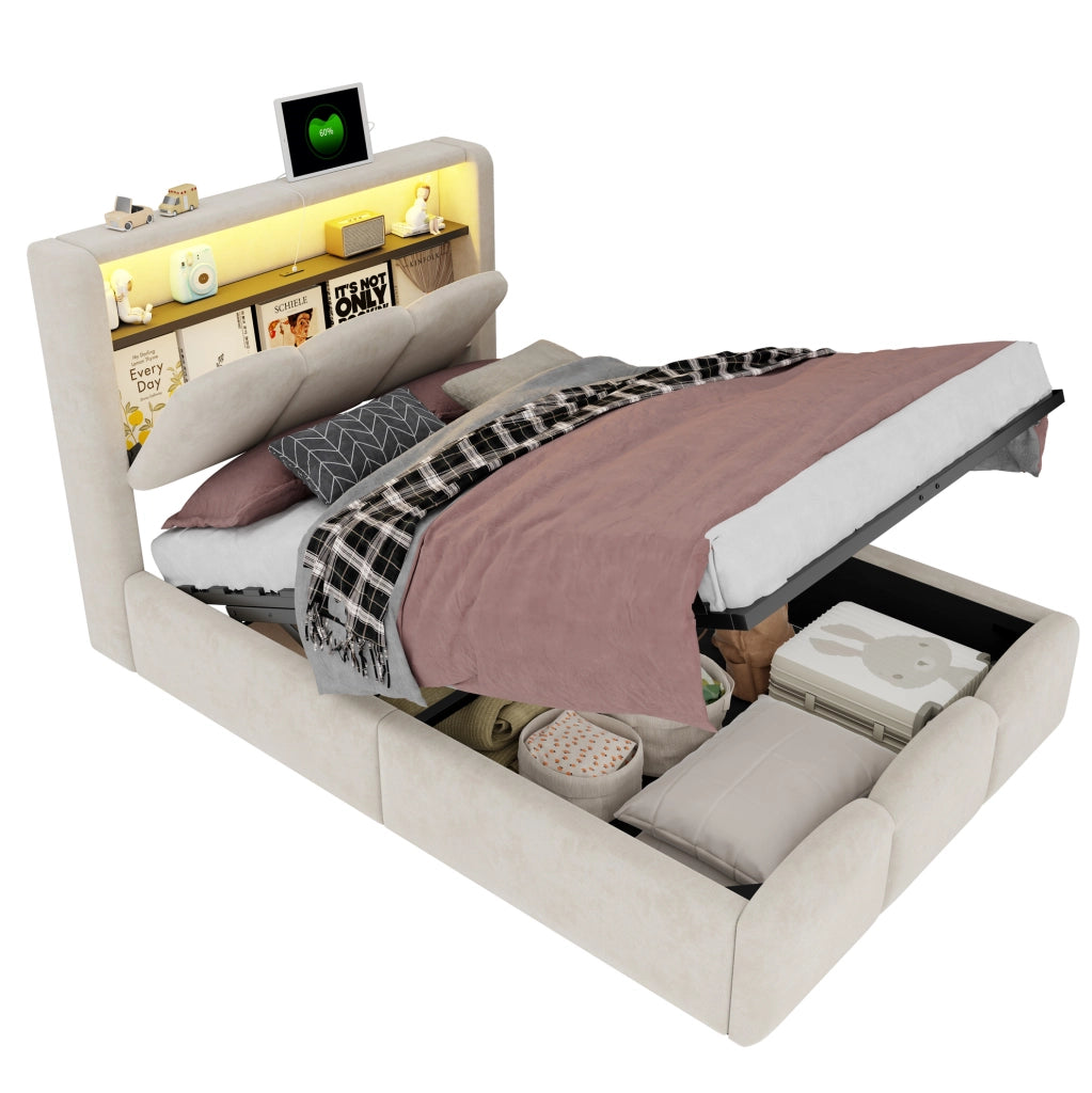 Letto imbottito 90x200 cm in tessuto effetto velluto beige con LED; USB e vano contenitore