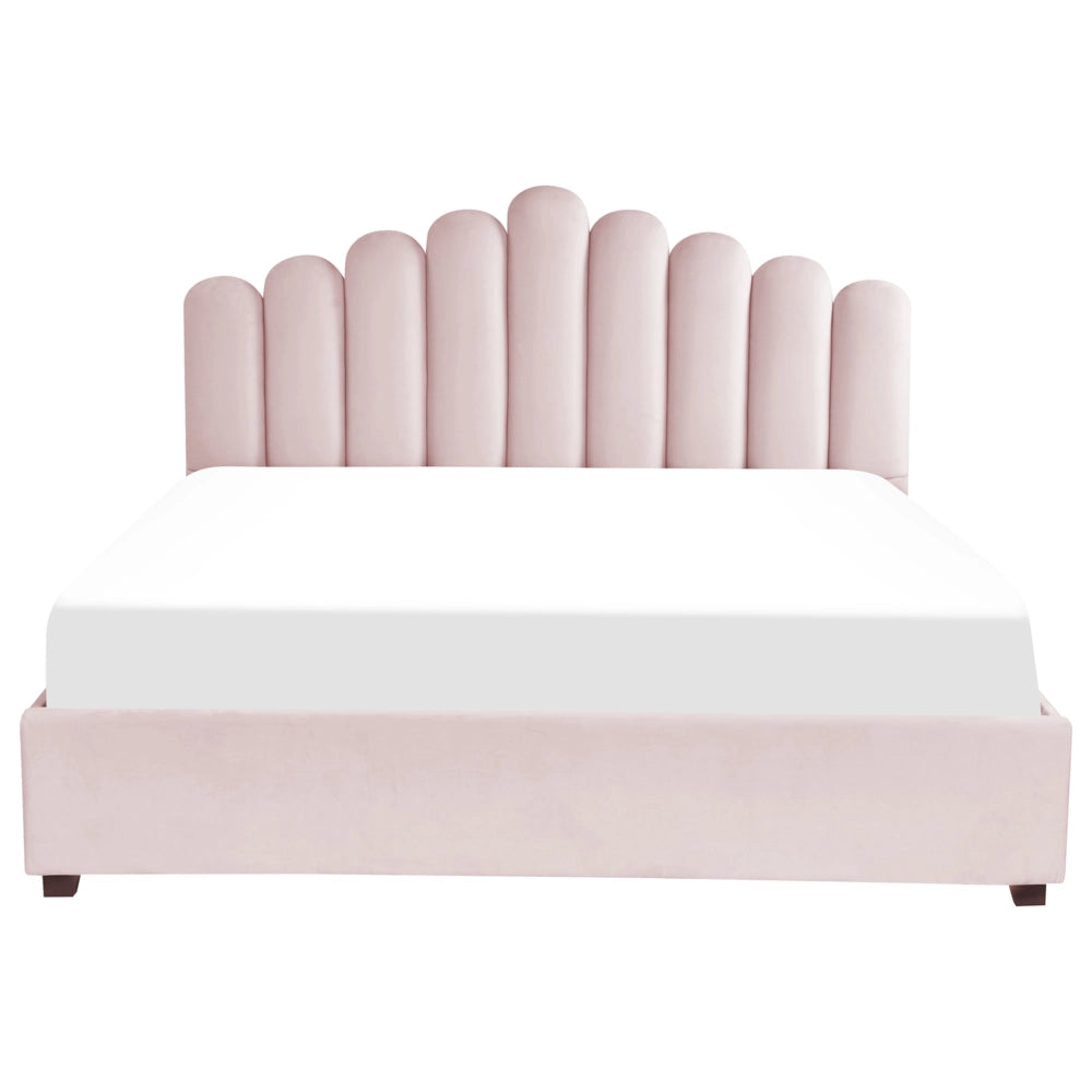 Letto contenitore matrimoniale rete a doghe velluto rosa 180 x 200 testiera a conchiglia