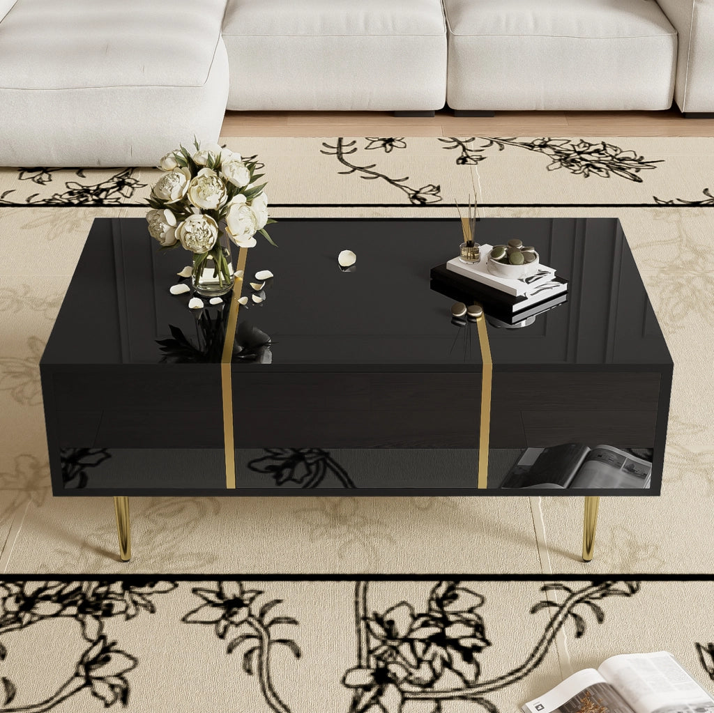 Tavolino da caffè nero lucido con 2 cassetti; MDF; 100x60x41;5 cm