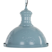 Lampada a sospensione in metallo blu di forma rotonda con ornamenti floreali industriali