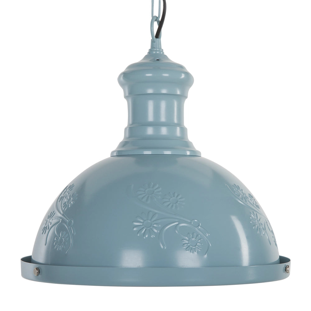 Lampada a sospensione in metallo blu di forma rotonda con ornamenti floreali industriali