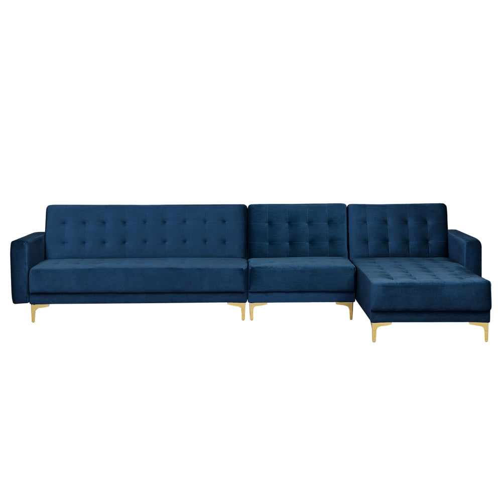 Divano letto ad angolo in tessuto trapuntato in velluto blu navy moderno a forma di L modulare a 5 posti Chaise longue versione sinistra