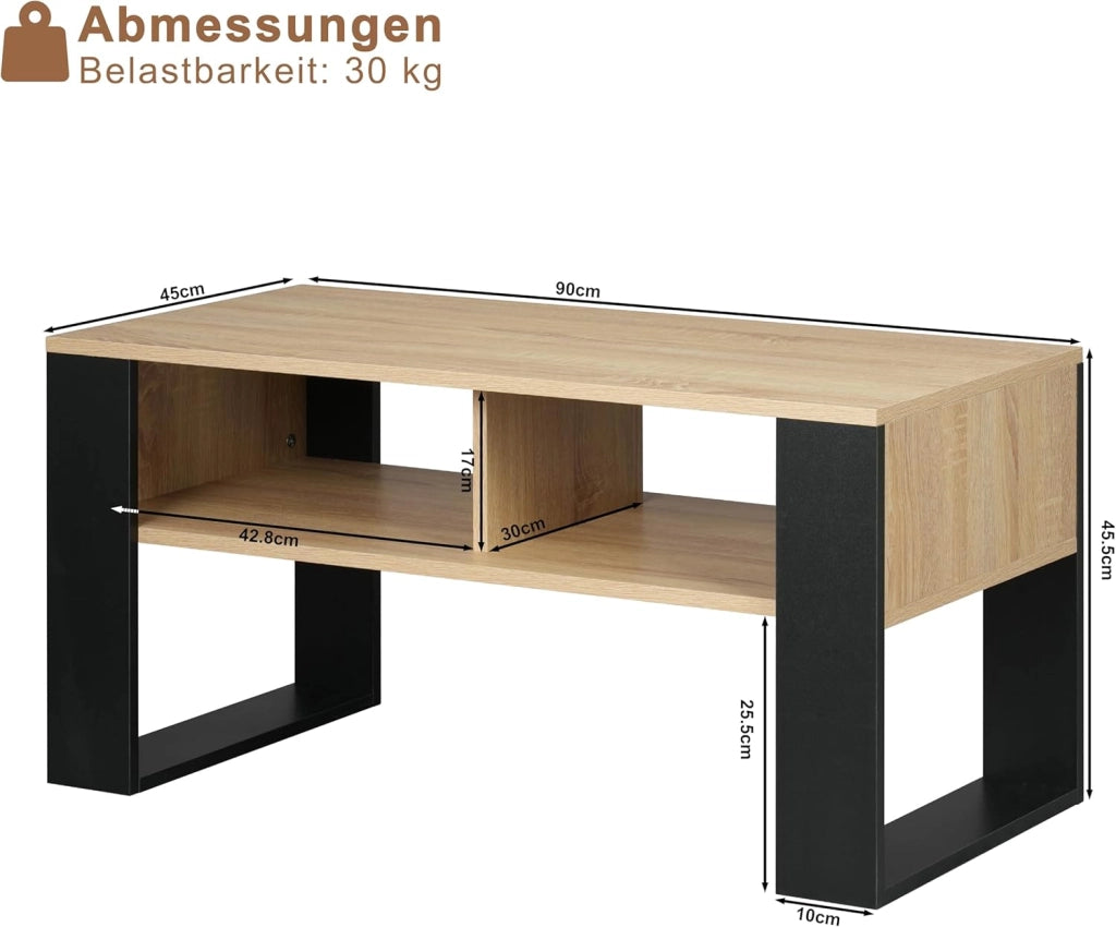 Tavolino da Salotto/Divano con 2 Scomparti Aperti, Tavolino Basso, Tavolo Laterale per Soggiorno, Camera da Letto, in Legno, Marrone Rustico + Nero, 90x45x45 cm, BTS16hov