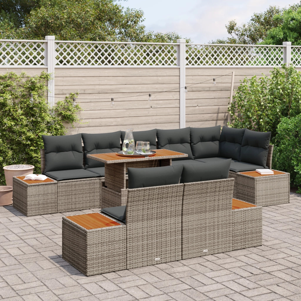 Set da pranzo da giardino 9 pezzi con cuscini in polirattan grigio e acacia