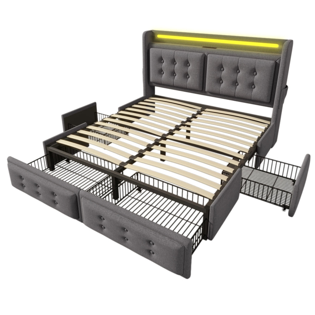 Letto matrimoniale 140x200 con LED, porte di ricarica USB-C, 4 cassetti e struttura in legno/metallo