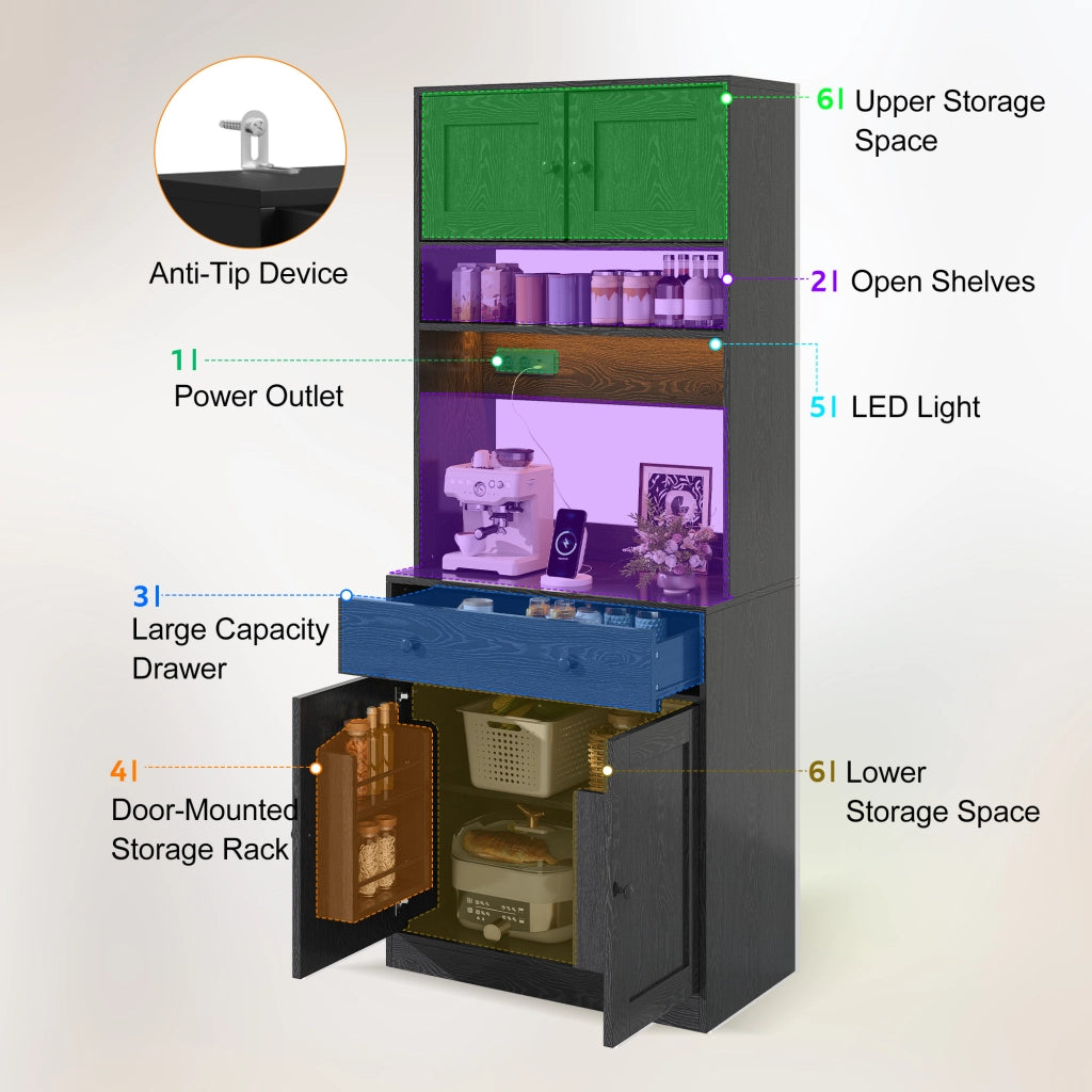 Dispensa alta con ripiani in MDF con LED RGB prese AC e USB grande cassetto nera per cucina 72 × 40 × 180 cm