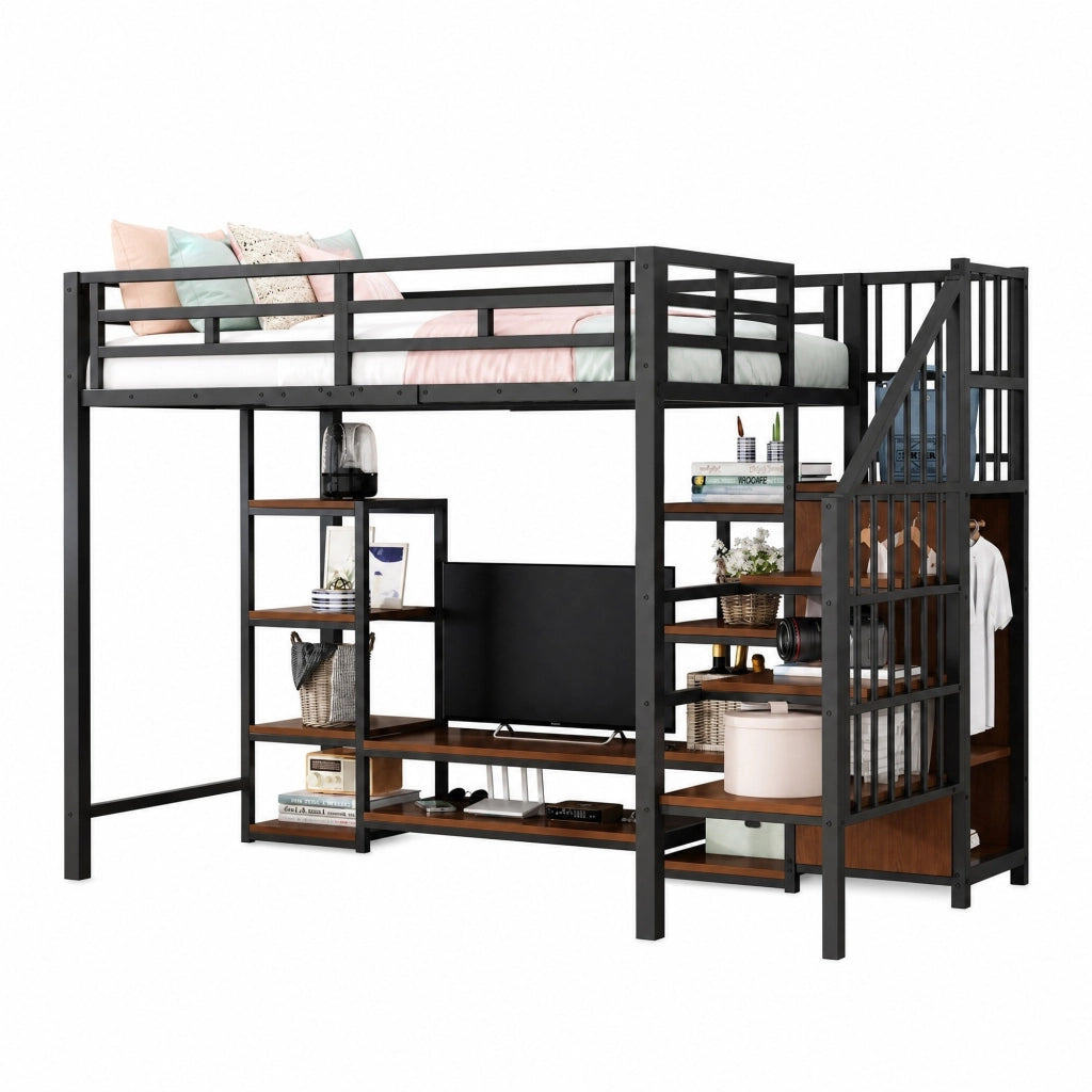 Letto a soppalco 90x200 cm con supporto TV; presa integrata e scala portaoggetti; nero