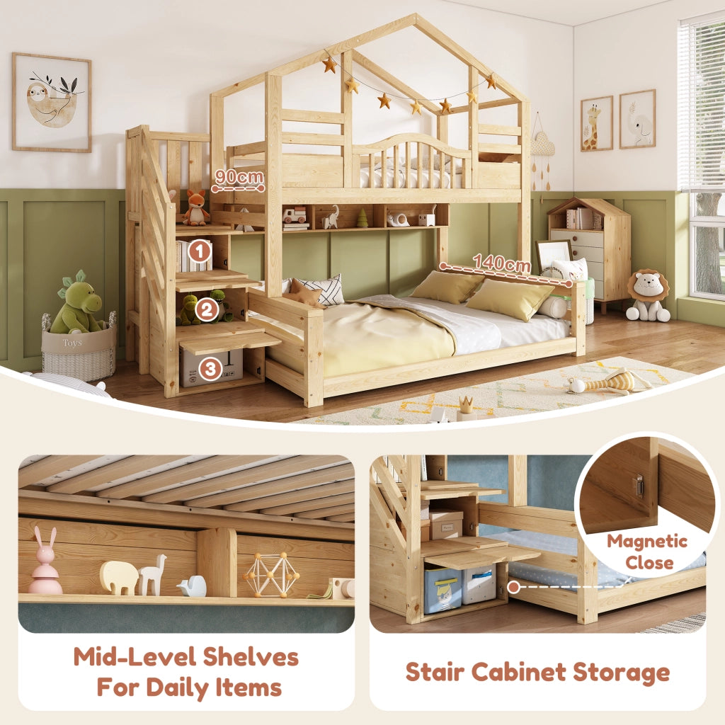 LETTO a castello con scaletta-armadio 90x200/140x200 cm Legno Naturale