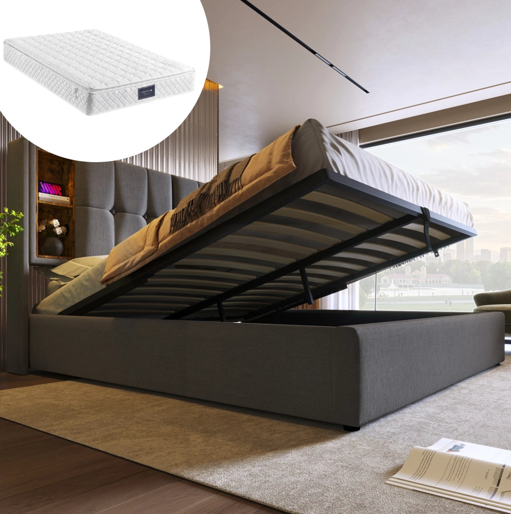 Letto imbottito 140x200 cm con materasso, ricarica wireless e USB