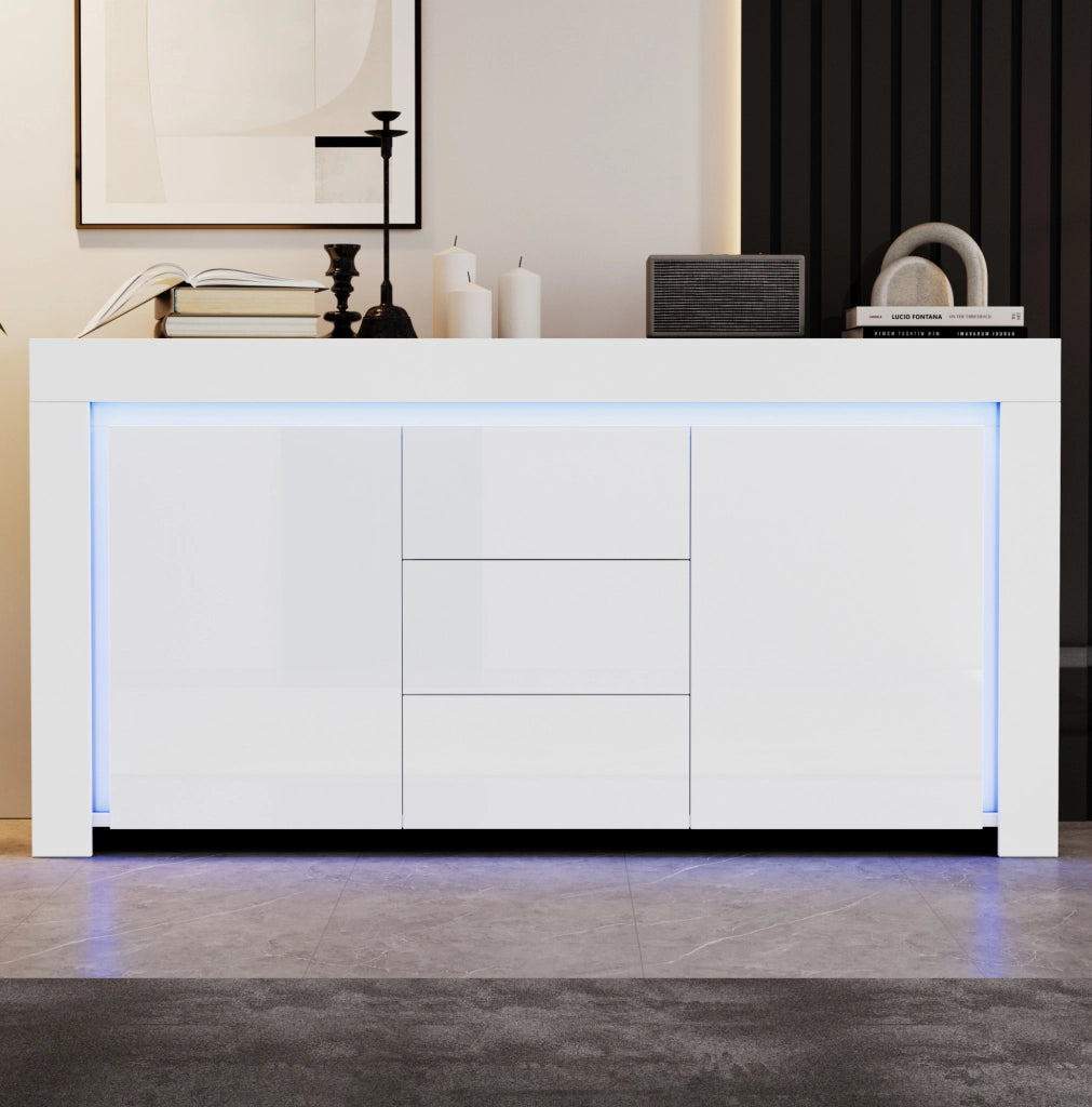 Sideboard 140x40x65 cm con 2 ante; 3 cassetti; LED e finitura lucida; bianco