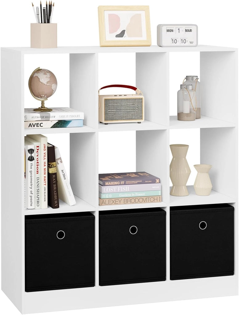Libreria Scaffale con 6 Cubi, Mobile Libreria Salvaspazio con 3 Ceste in TNT, Porta Libri da Terra per Cameretta, Soggiorno, Studio, Ufficio, in Legno, Rovere Chiaro, 80x30x60cm, SK033hei