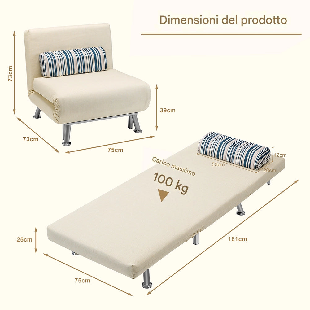 Poltrona Divano Letto 1 Posto Singolo in Ferro e Tessuto Reclinabile 75x73 Crema
