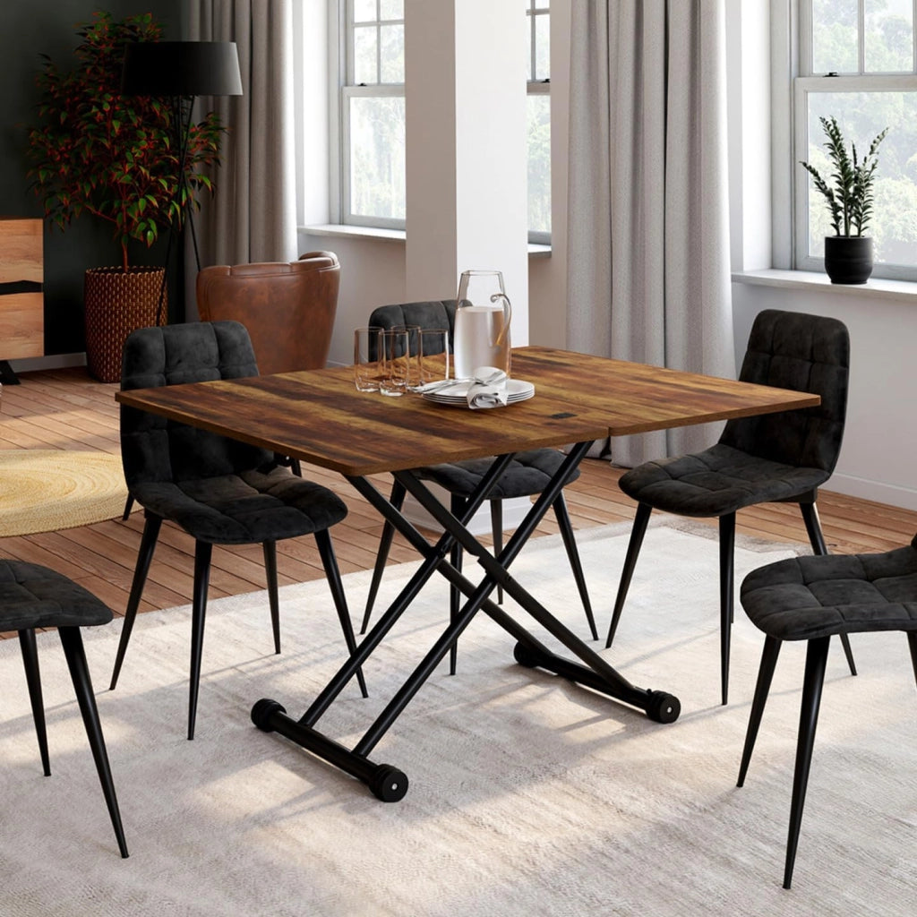 Tavolino 2 in 1 URBANA, trasformabile in tavolo da pranzo rettangolare, 100 cm, legno scuro e nero, design industriale