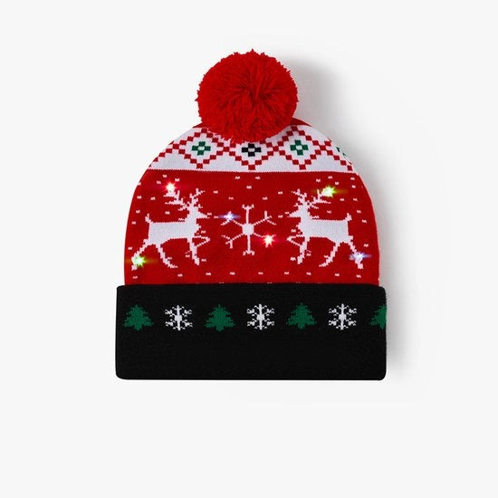 Cappello di Natale con lampadine LED, cappello di Natale illuminato con tema renne e fiocco di neve, cappello di Natale autunno/inverno (rosso con due renne).