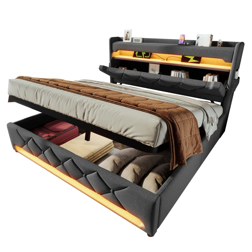 Letto matrimoniale 140x200 in lino grigio con materasso, testiera con porte USB e Type-C, illuminazione LED 360°, contenitore idraulico