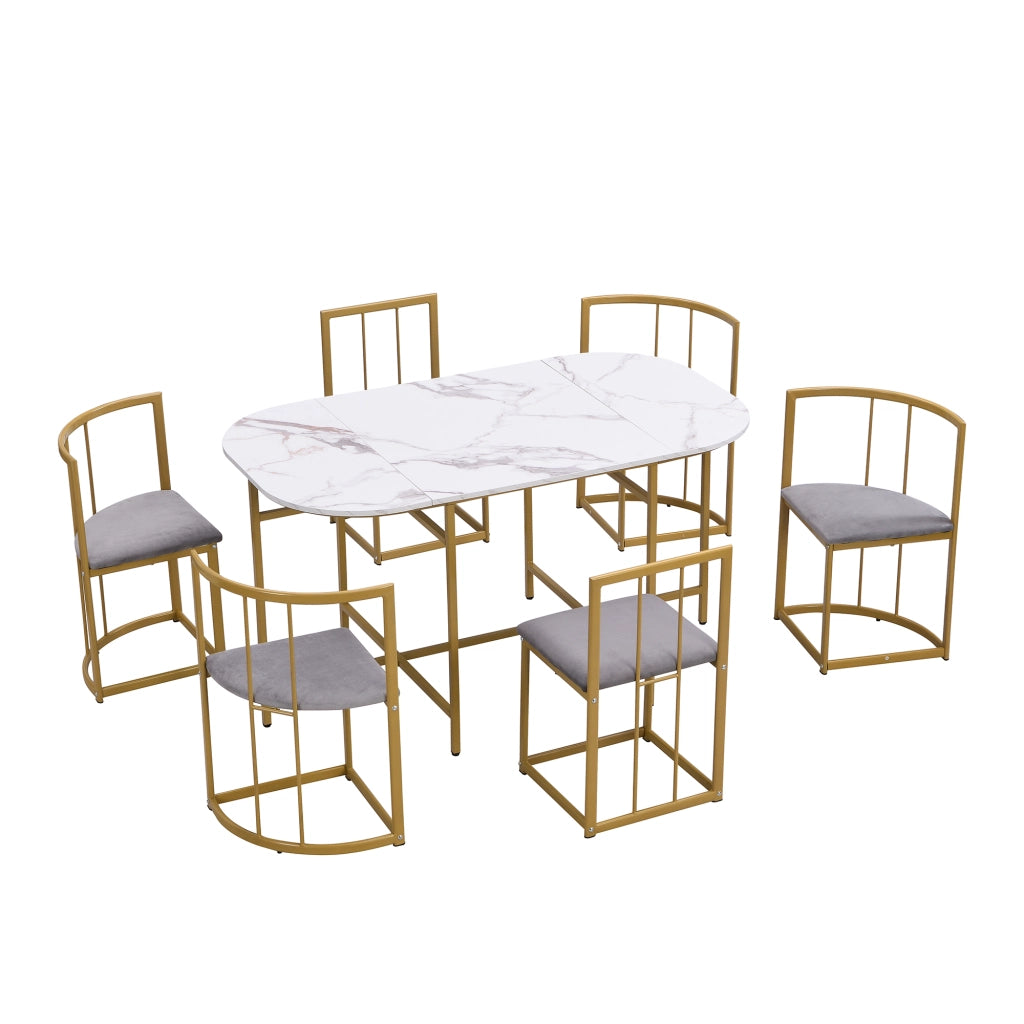 Tavolo da pranzo per 6 persone con sedie e schienale, cuscini grigi, struttura in ferro oro, in MDF, bianco