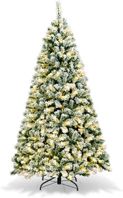 Albero di Natale Innevato 142/183/230 cm, Albero di Natale Slim, Albero di Natale con Luci Incorporate, Supporto in Ferro, Rami Spessi (183 cm)