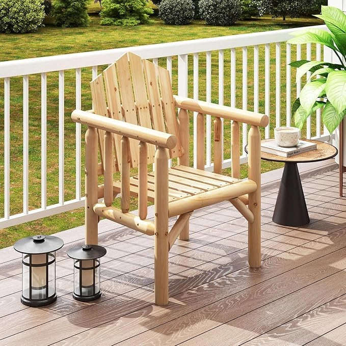 Poltrona da Esterno in Legno, Sedia da Pranzo per Patio con Braccioli e Schienale Alto Inclinato per Veranda, Cortile, Giardino, Patio e Bordo Piscina, Portata 150 kg (Naturale)