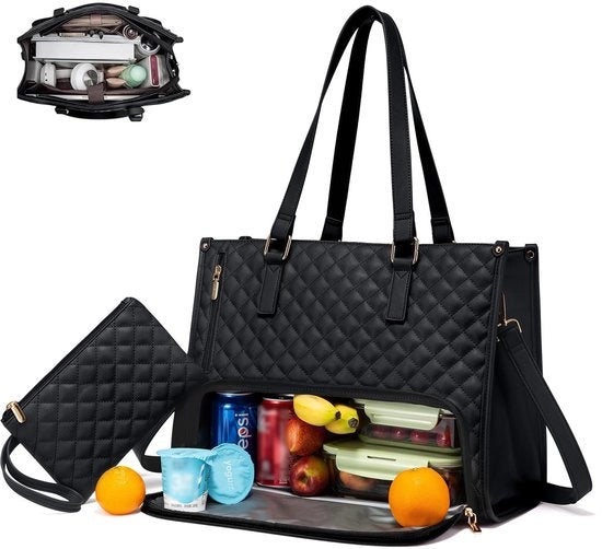 Borsa per laptop da 15,6 pollici con contenitore isolante per pasti Grande borsa 2-in-1 con contenitore per pasti Borsa per laptop e pasti da portare con sé Borsa per laptop e pasti per lavoro, scuola e ufficio (nero)