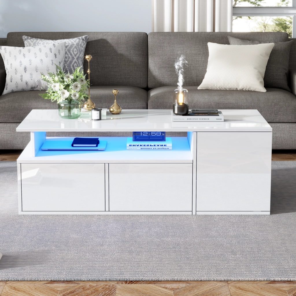 Tavolino da Salotto con 2 Cassetti e LED; Contenimento a 3 Livelli; Bianco Lucido; in Truciolare; 100×50×35 cm