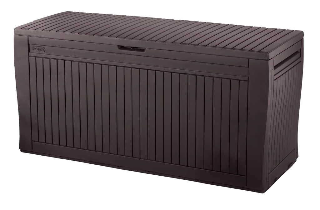 Baule da Esterno in Resina con Ruote e Maniglie Colore Marrone 117X45X57 Cm