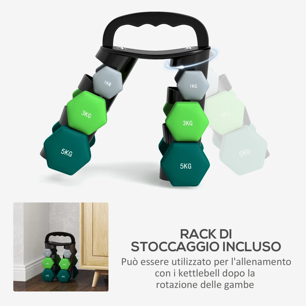 Set 6 Pesi Manubri con Supporto Coppie da 1-3-5 Kg in Metallo Verde e Nero