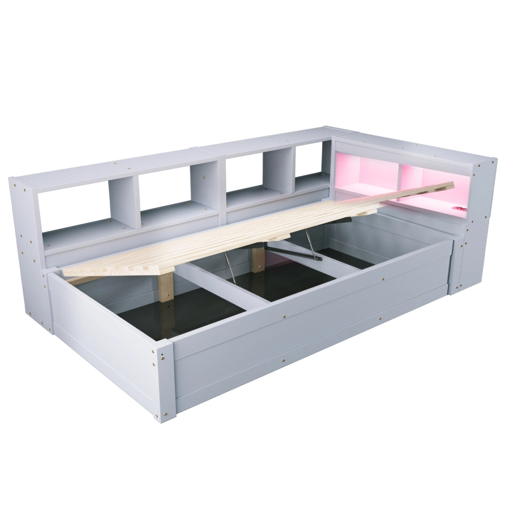 Letto multifunzione 90x200 cm con presa; contenitori e LED grigio