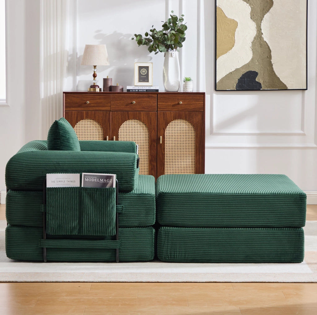 Divano modulare in velluto a coste color smeraldo con pouf; 112 x 190 x 67 cm