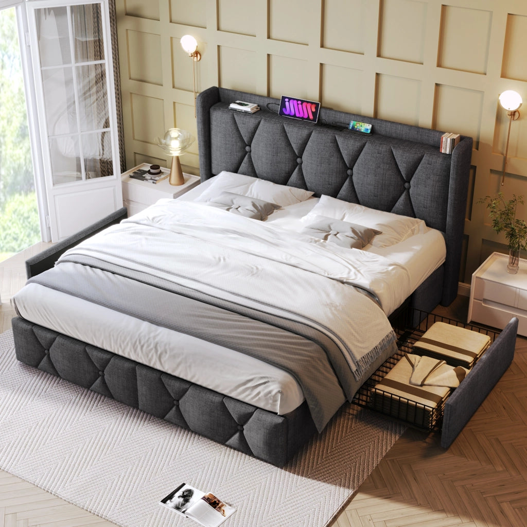 Letto contenitore matrimoniale 140x200 cm in tessuto grigio con 4 cassetti, testiera con prese e USB, senza materasso