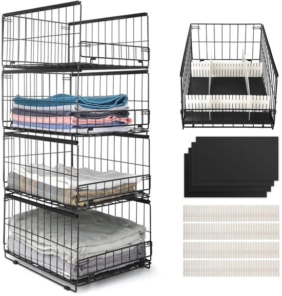 Organizzatore per armadio 4 pezzi, cassetti ripiegabili, sistema di organizzazione per armadi, cassetti in acciaio inossidabile, nero