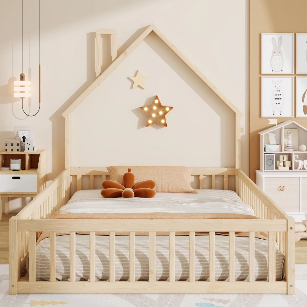 Letto Casetta per Bambini con Camino ¨C MINIMAL ¨C Pino Naturale 140x190 con Rete a Doghe